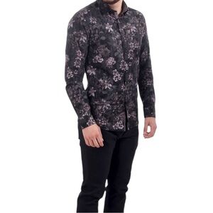 TED BAKER LONDON Long Sleeve Grey Pink Black Floral Shirt Men's XL